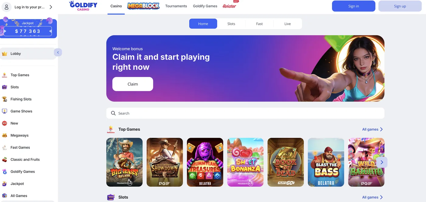 Goldify Casino lobby with the welcome bonus banner, game search and top slots