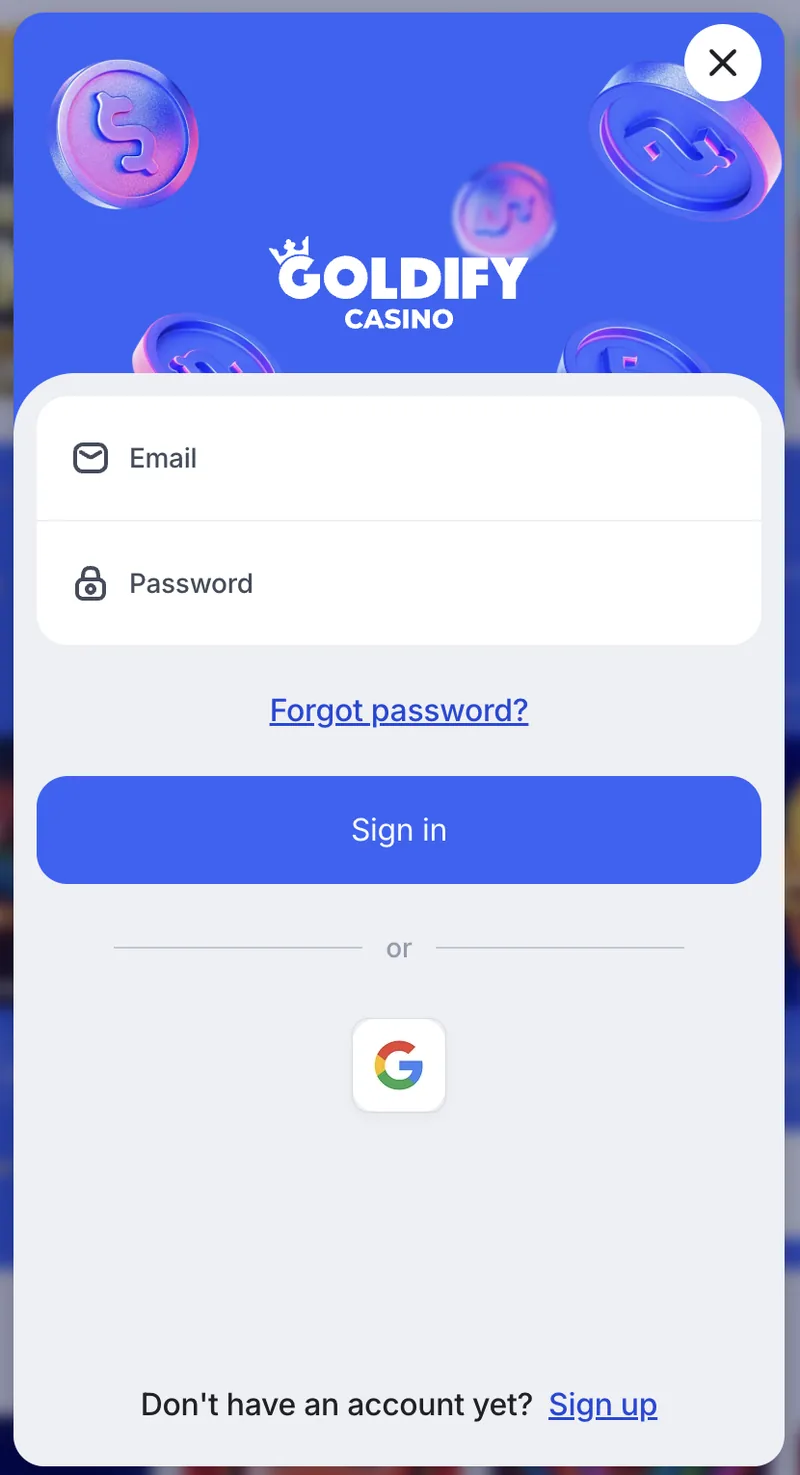 Goldify Casino sign-in window with email, password and Google login