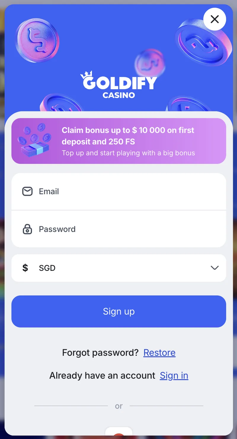 Goldify Casino registration form with email, password and account currency fields
